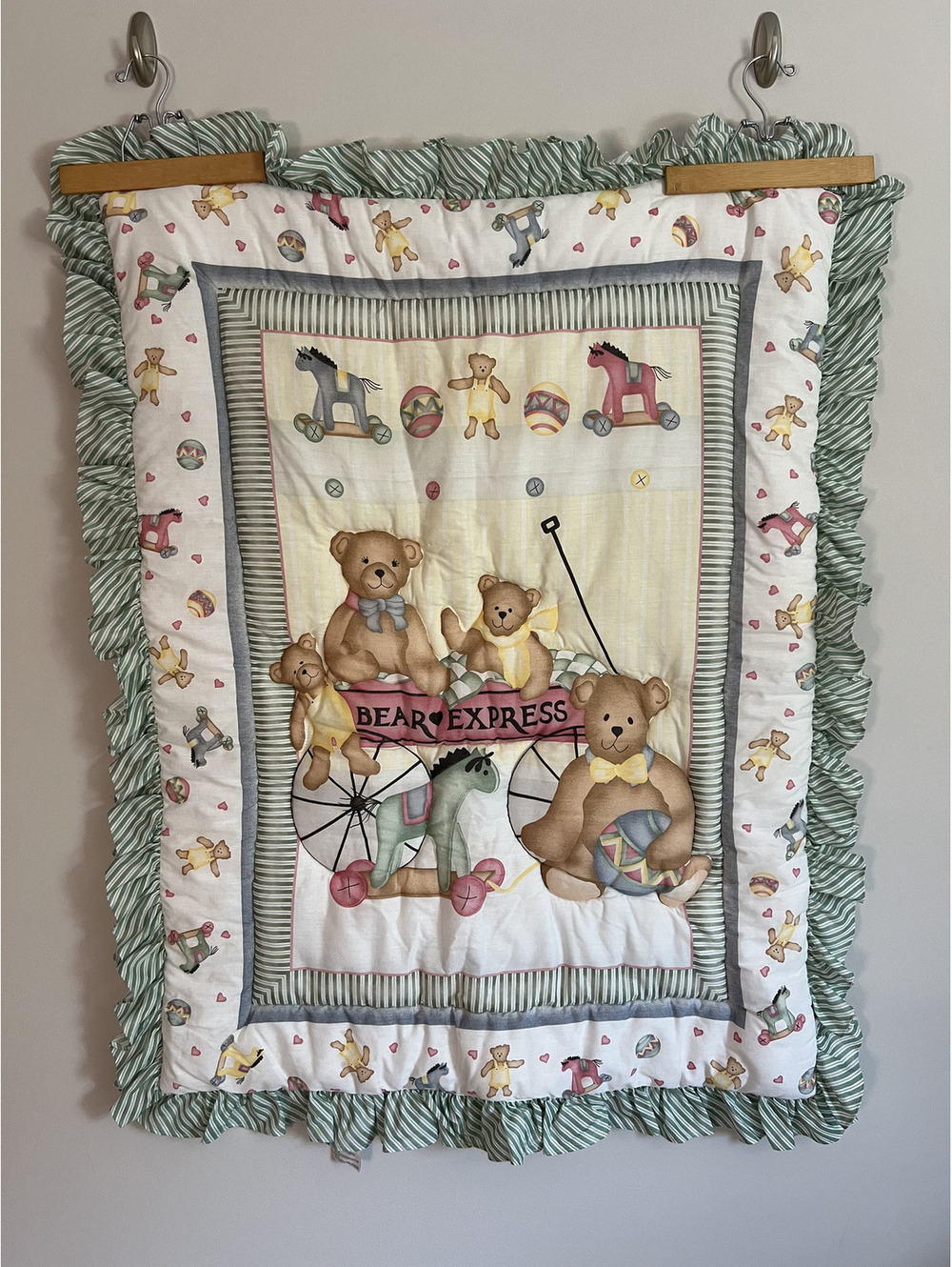 Vintage Lambs & Ivy Teddy Bear & Rocking Horse Cottage Core Baby Quilt